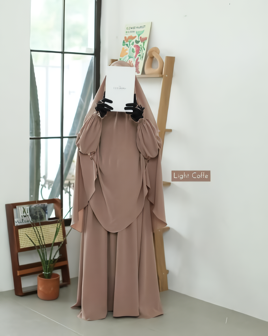 Alesyari Shop I Light Coffee Amira Abaya with Soft Pad Khimar - Elegant for Ramadan and Hijab