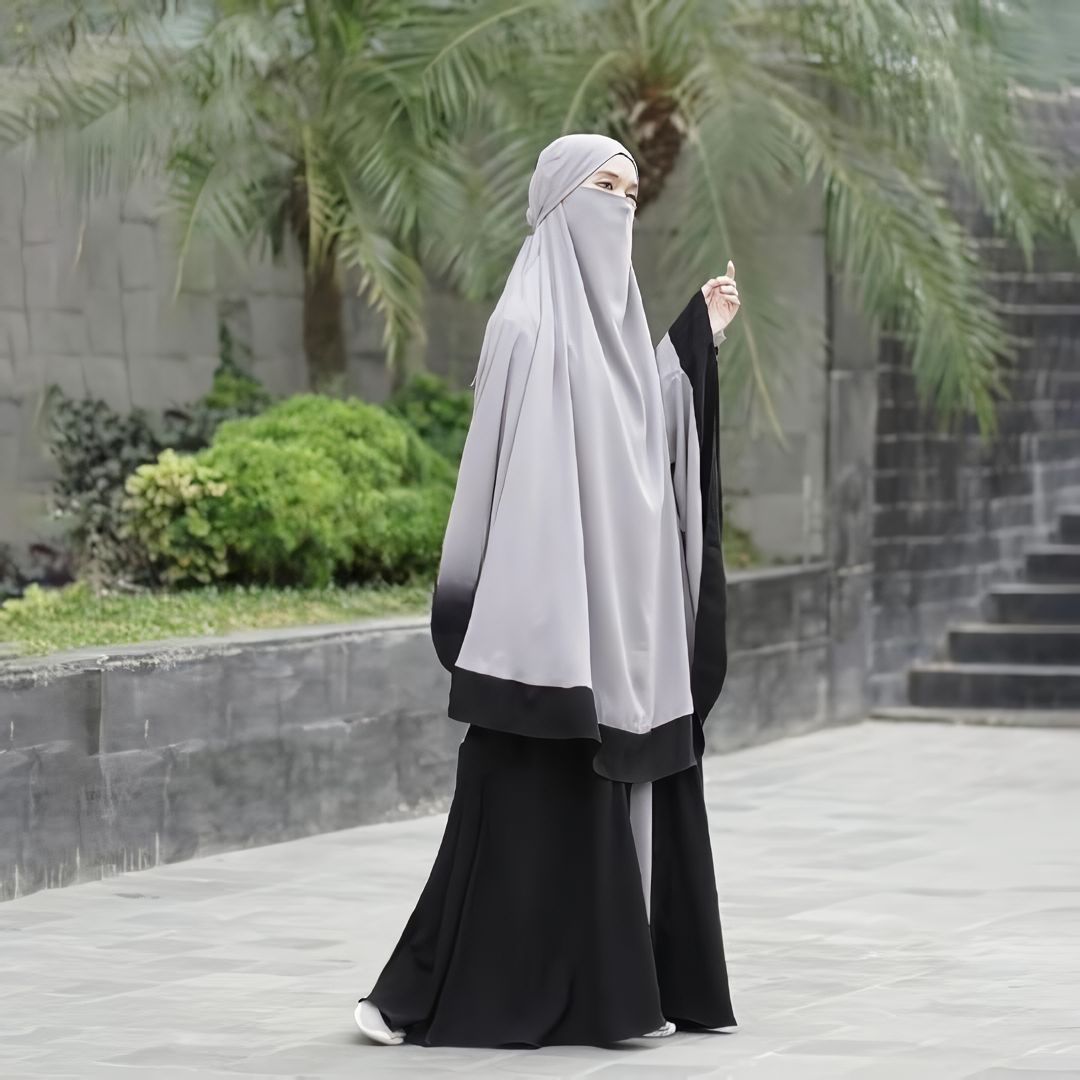 Alesyari Shop I Steel Grey Khadijah Abaya with French Khimar Anti-UV and Jet black Kiara Soft, Free Half Niqab Bandana