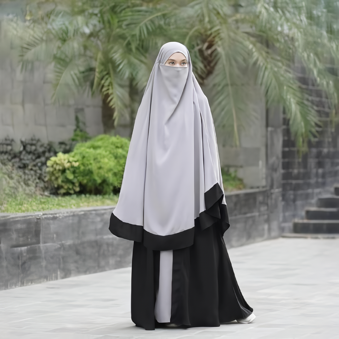 Alesyari Shop I Steel Grey Khadijah Abaya with French Khimar Anti-UV and Jet black Kiara Soft, Free Half Niqab Bandana