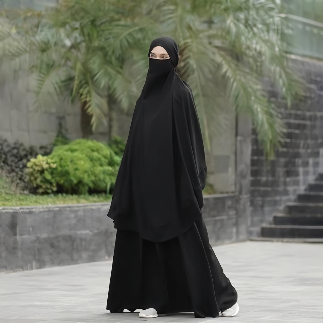 Full Jet Black Khadijah Abaya with French Khimar Anti-UV and Jet black Kiara Soft, Free Half Niqab Bandana