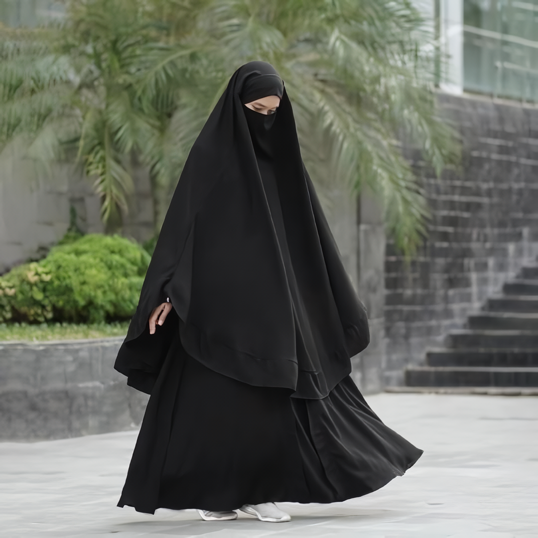 Full Jet Black Khadijah Abaya with French Khimar Anti-UV and Jet black Kiara Soft, Free Half Niqab Bandana