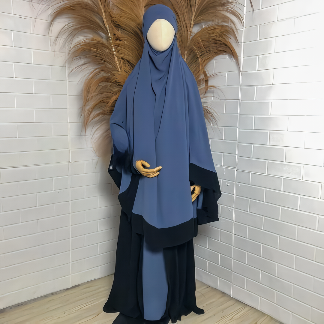 Alesyari Shop I Denim Khadijah Abaya with French Khimar Anti-UV and Jet black Kiara Soft, Free Half Niqab Bandana