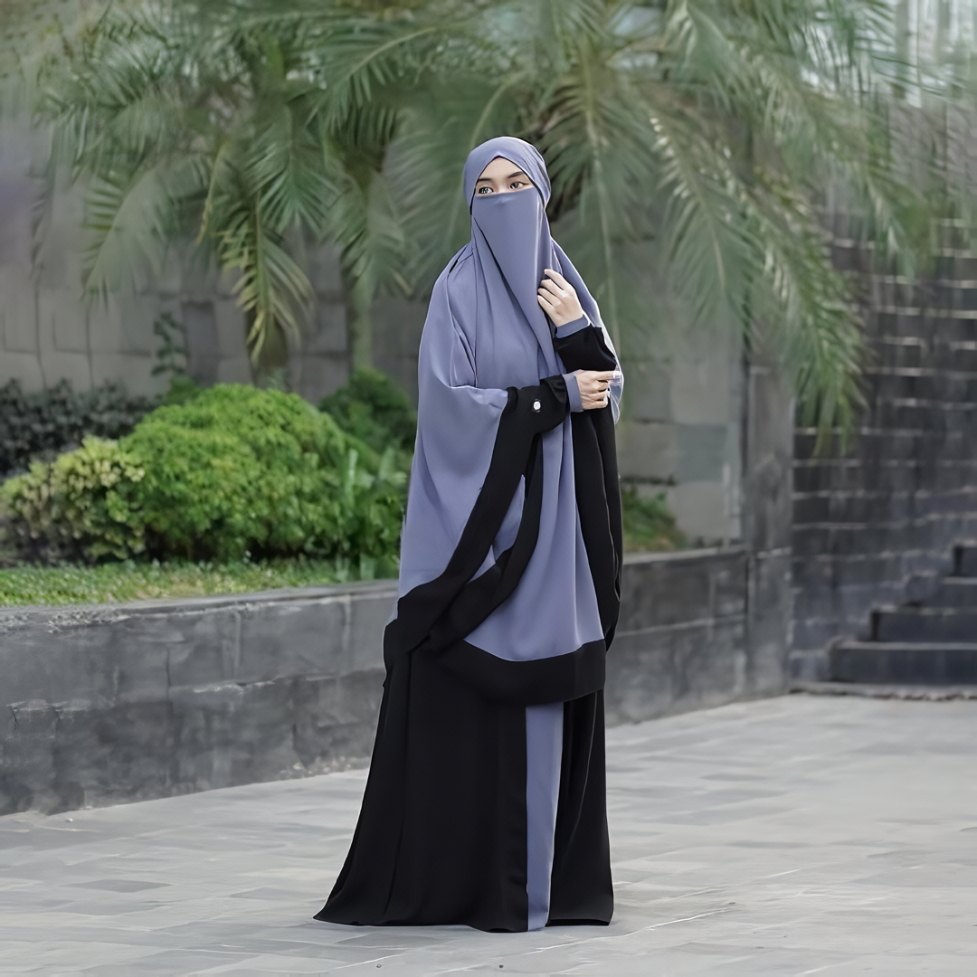 Alesyari Shop I Denim Khadijah Abaya with French Khimar Anti-UV and Jet black Kiara Soft, Free Half Niqab Bandana