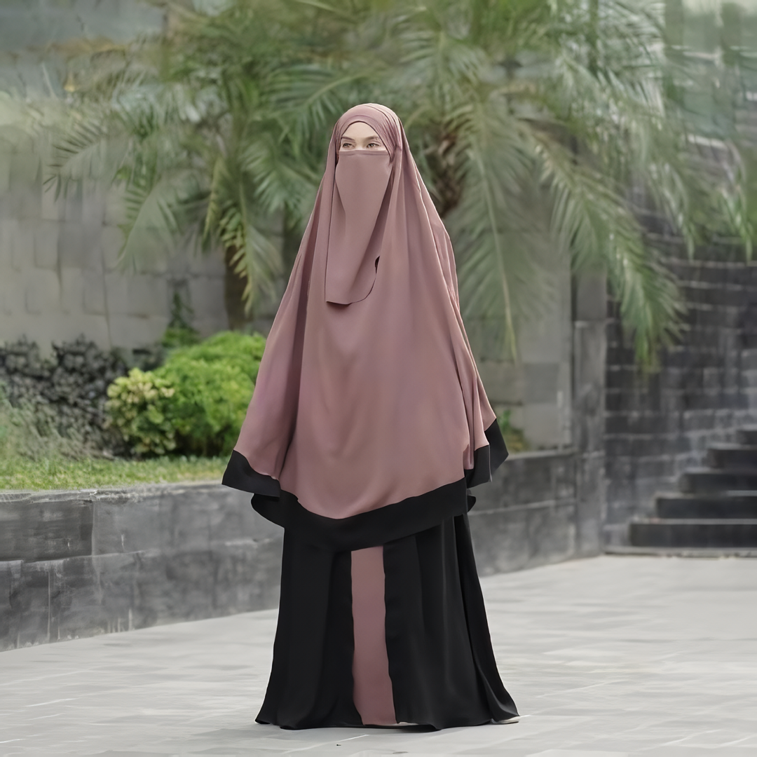 Alesyari Shop I Cocoa Khadijah Abaya with French Khimar Anti-UV and Jet black Kiara Soft, Free Half Niqab Bandana