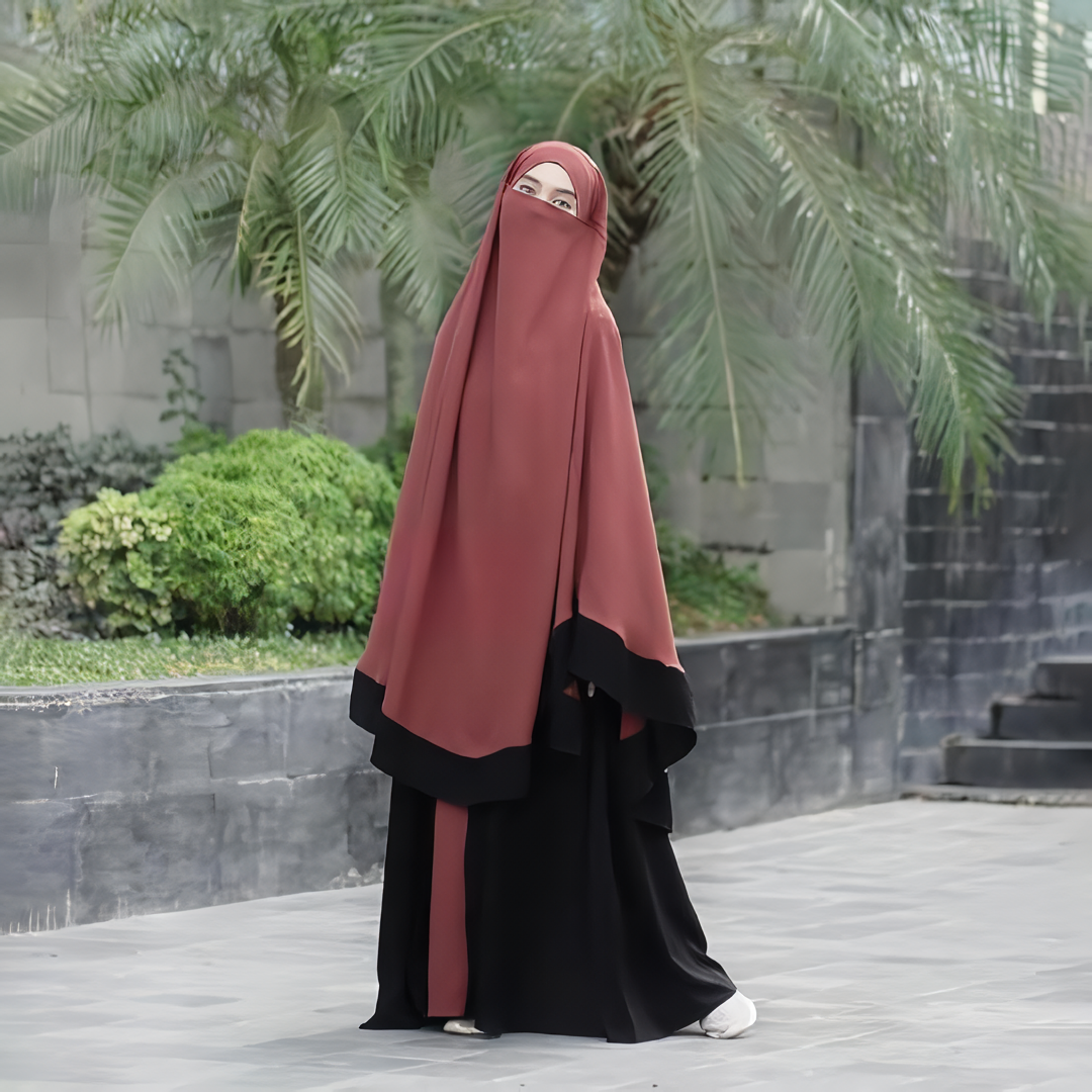 Alesyari Shop I Cinnamon Khadijah Abaya with French Khimar Anti-UV and Jet black Kiara Soft, Free Half Niqab Bandana