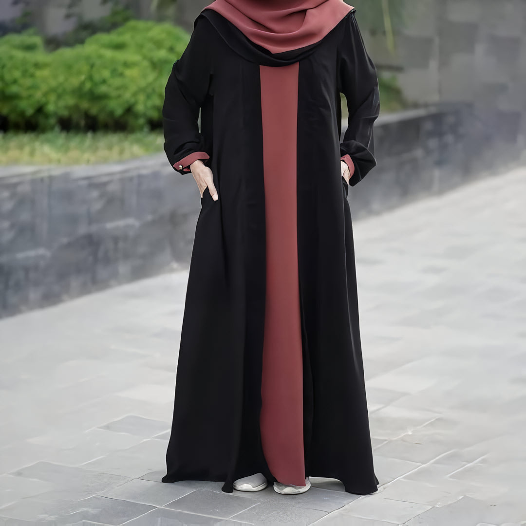 Alesyari Shop I Cinnamon Khadijah Abaya with French Khimar Anti-UV and Jet black Kiara Soft, Free Half Niqab Bandana