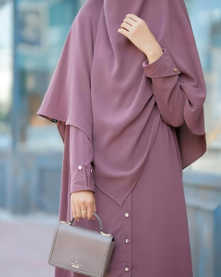 Alesyari Shop I  Plum Wine Sahla Tunic & Fortaleza Abaya with French Khimar I Eid Adha Series