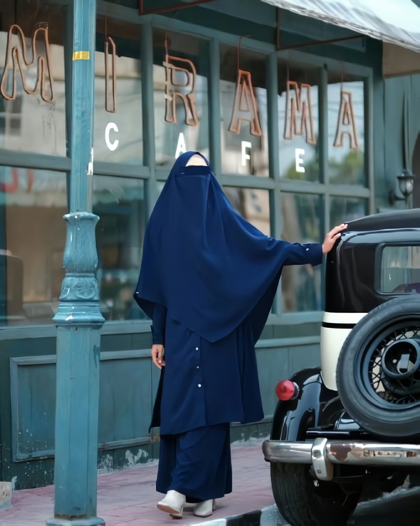 Alesyari Shop I  Navy Sahla Tunic & Fortaleza Abaya with French Khimar I Eid Adha Series