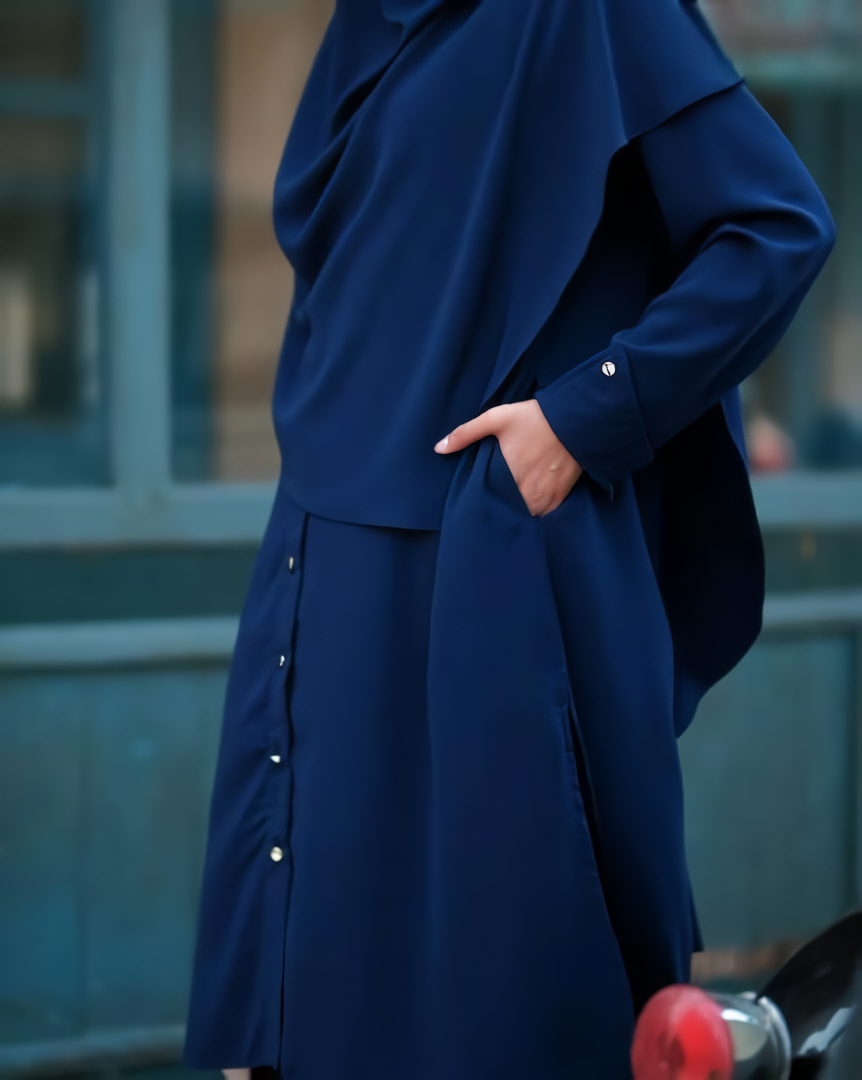 Alesyari Shop I  Navy Sahla Tunic & Fortaleza Abaya with French Khimar I Eid Adha Series