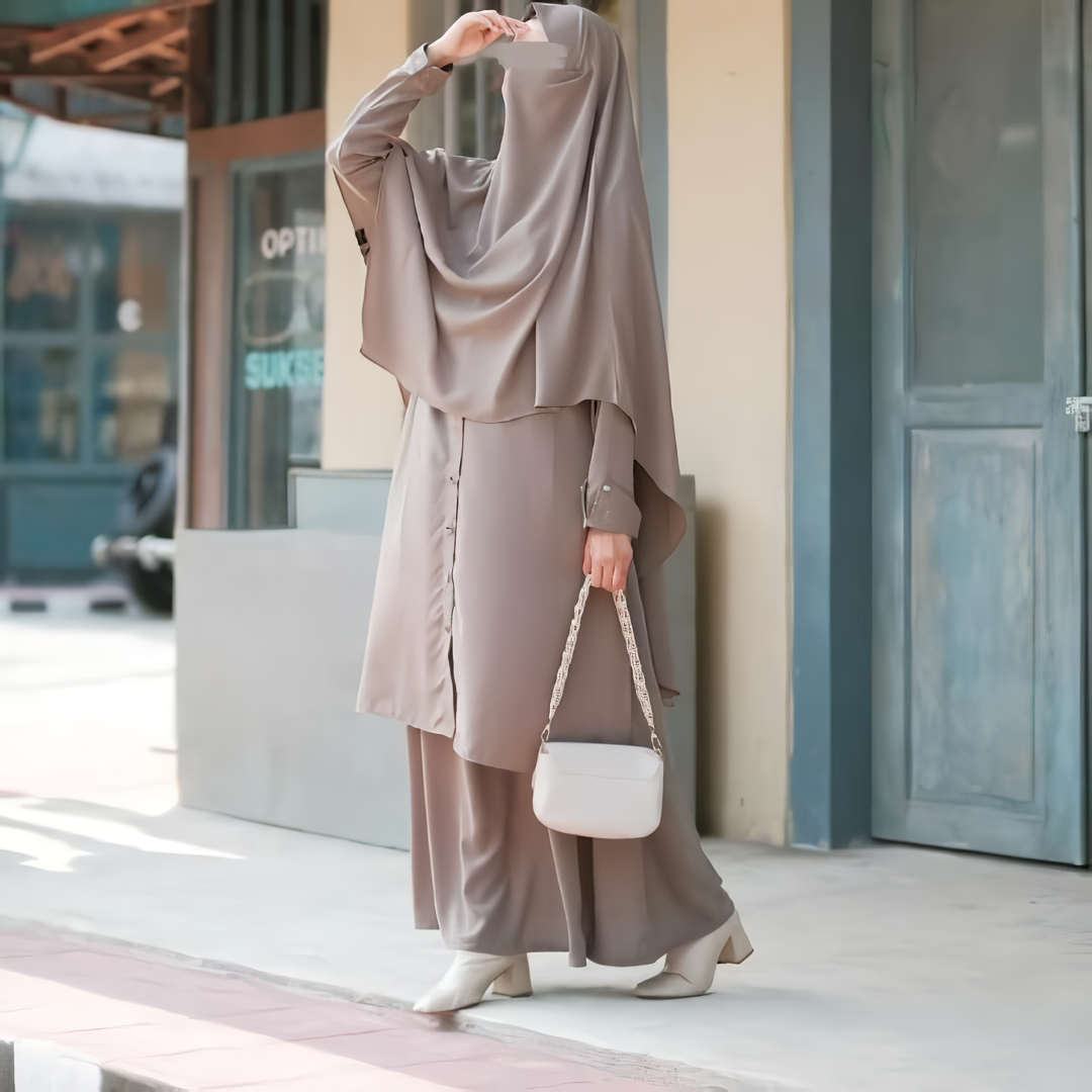 Alesyari Shop I  Silver Sage Sahla Tunic & Fortaleza Abaya with French Khimar I Eid Adha Series