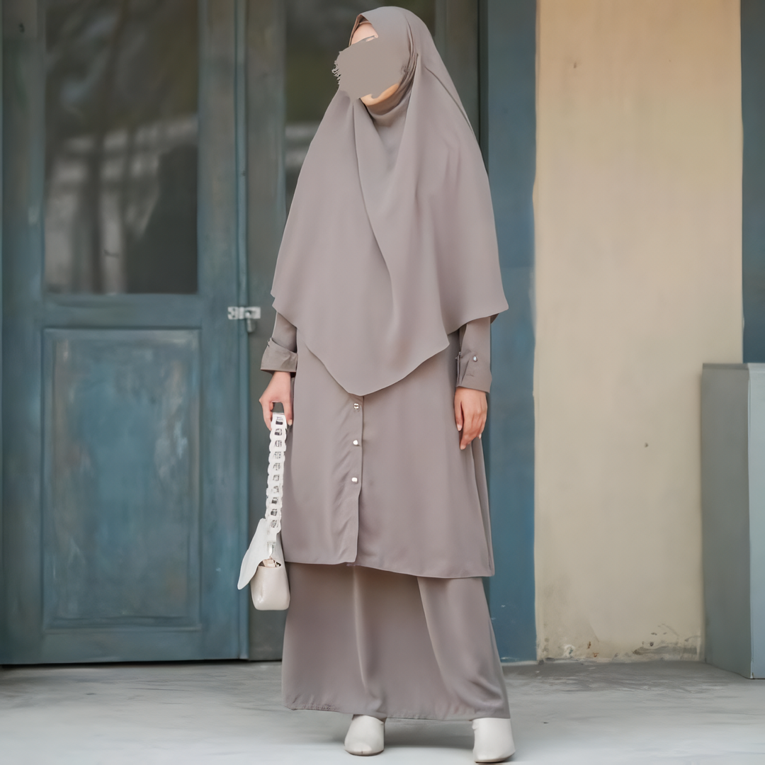 Alesyari Shop I  Silver Sage Sahla Tunic & Fortaleza Abaya with French Khimar I Eid Adha Series