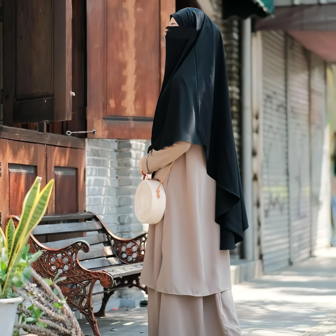 Alesyari Shop I  Silver Sage Sahla Tunic & Fortaleza Abaya with French Khimar I Eid Adha Series