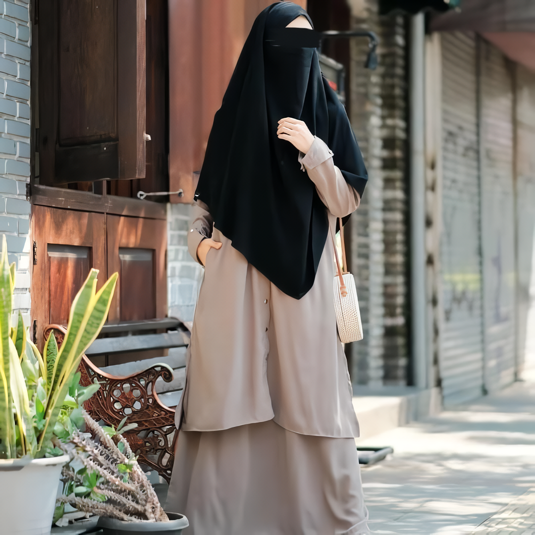 Alesyari Shop I  Silver Sage Sahla Tunic & Fortaleza Abaya with French Khimar I Eid Adha Series