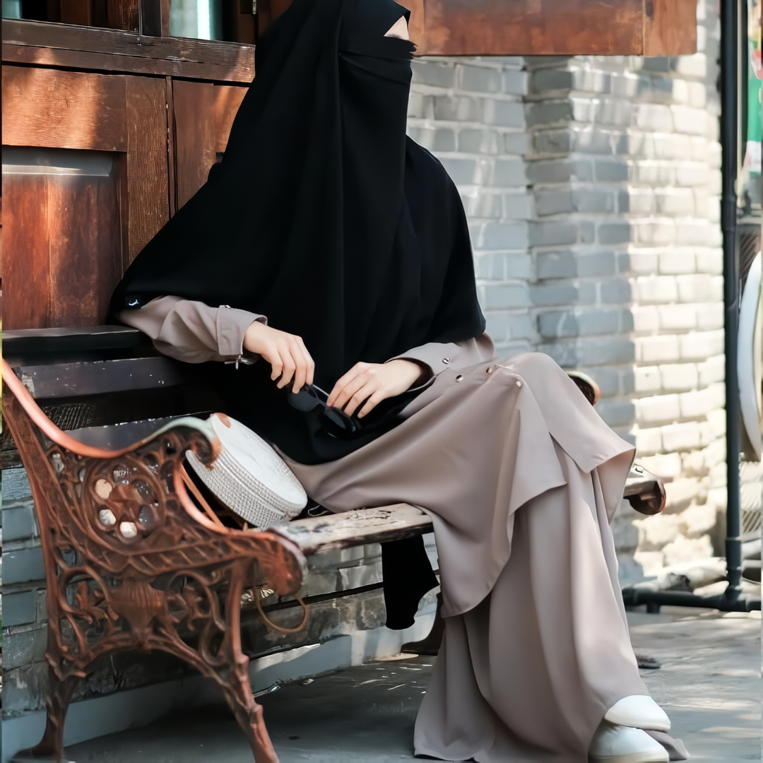 Alesyari Shop I  Silver Sage Sahla Tunic & Fortaleza Abaya with French Khimar I Eid Adha Series