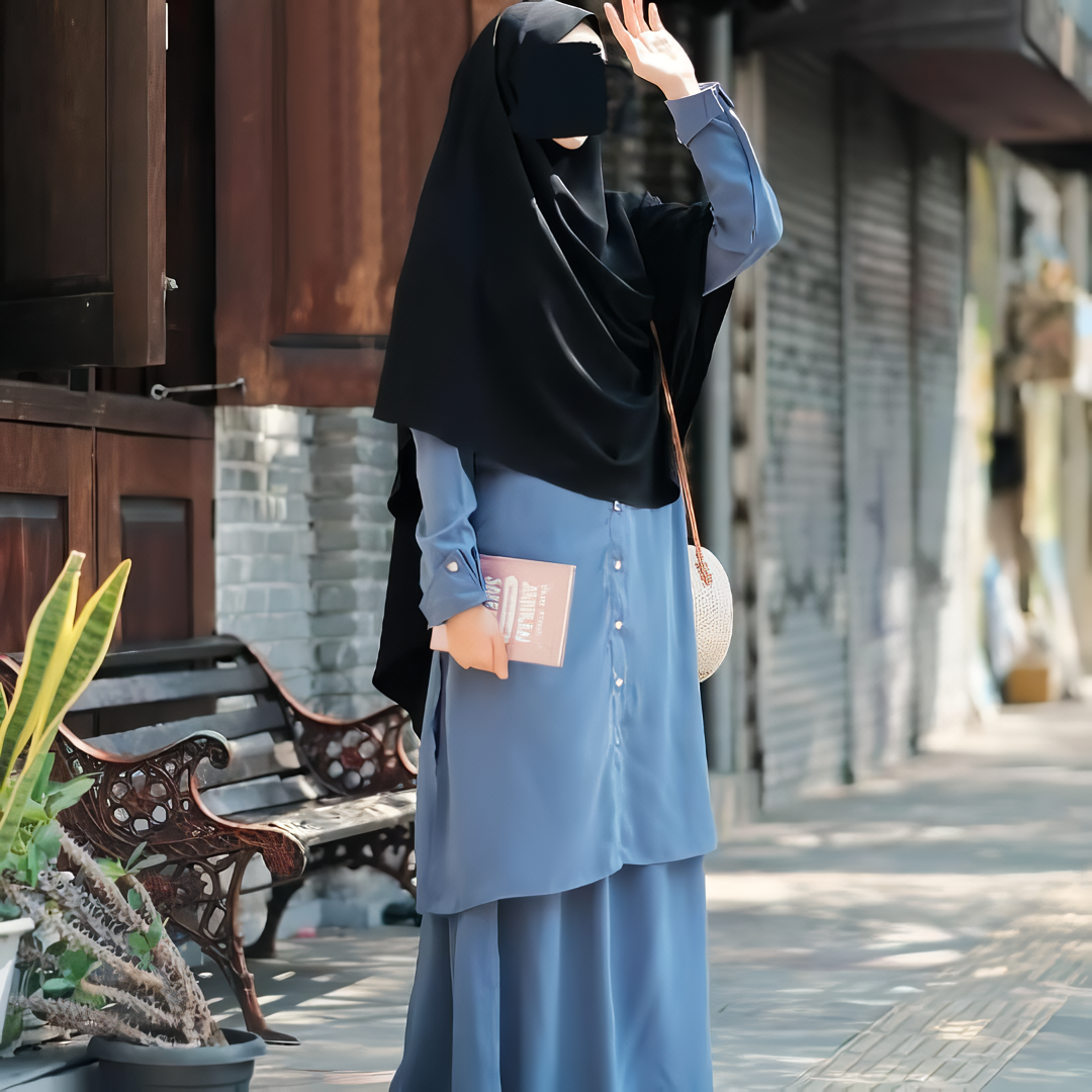 Alesyari Shop I River Side Sahla Tunic & Fortaleza Abaya with French Khimar I Eid Adha Series