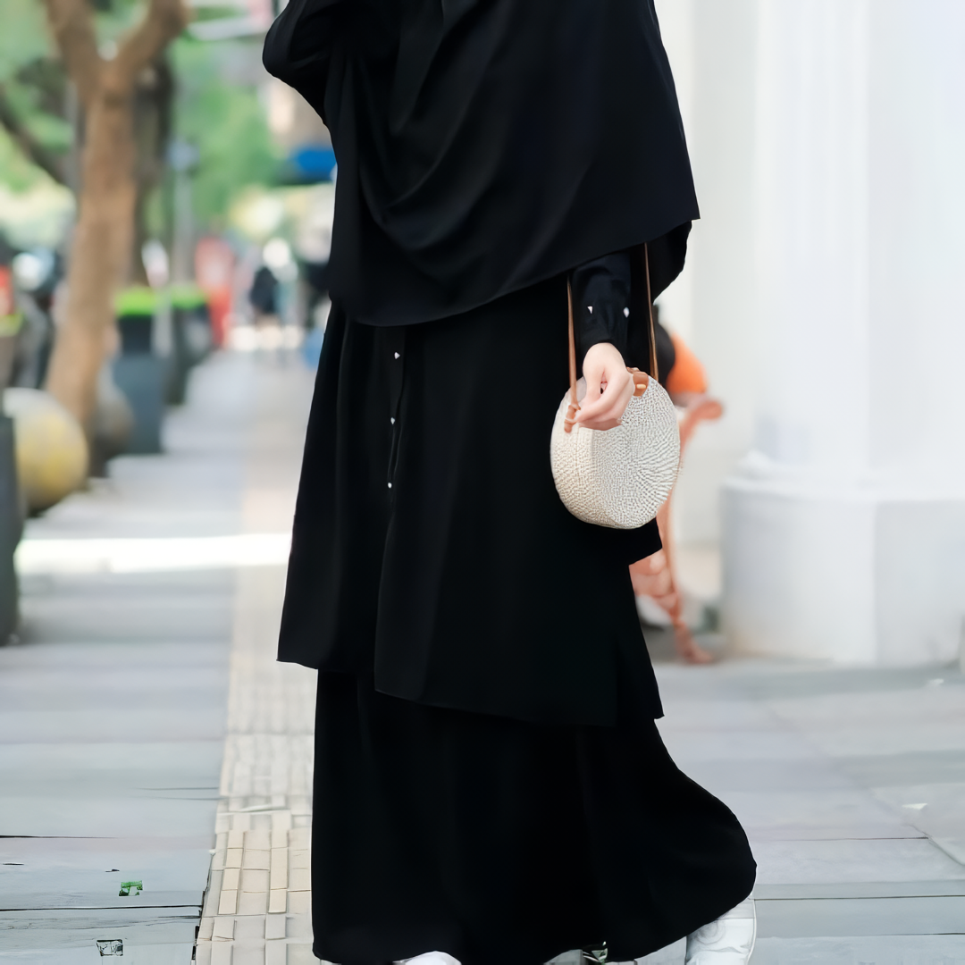 Alesyari Shop I Full Black Sahla Tunic & Fortaleza Abaya with French Khimar I Eid Adha Series