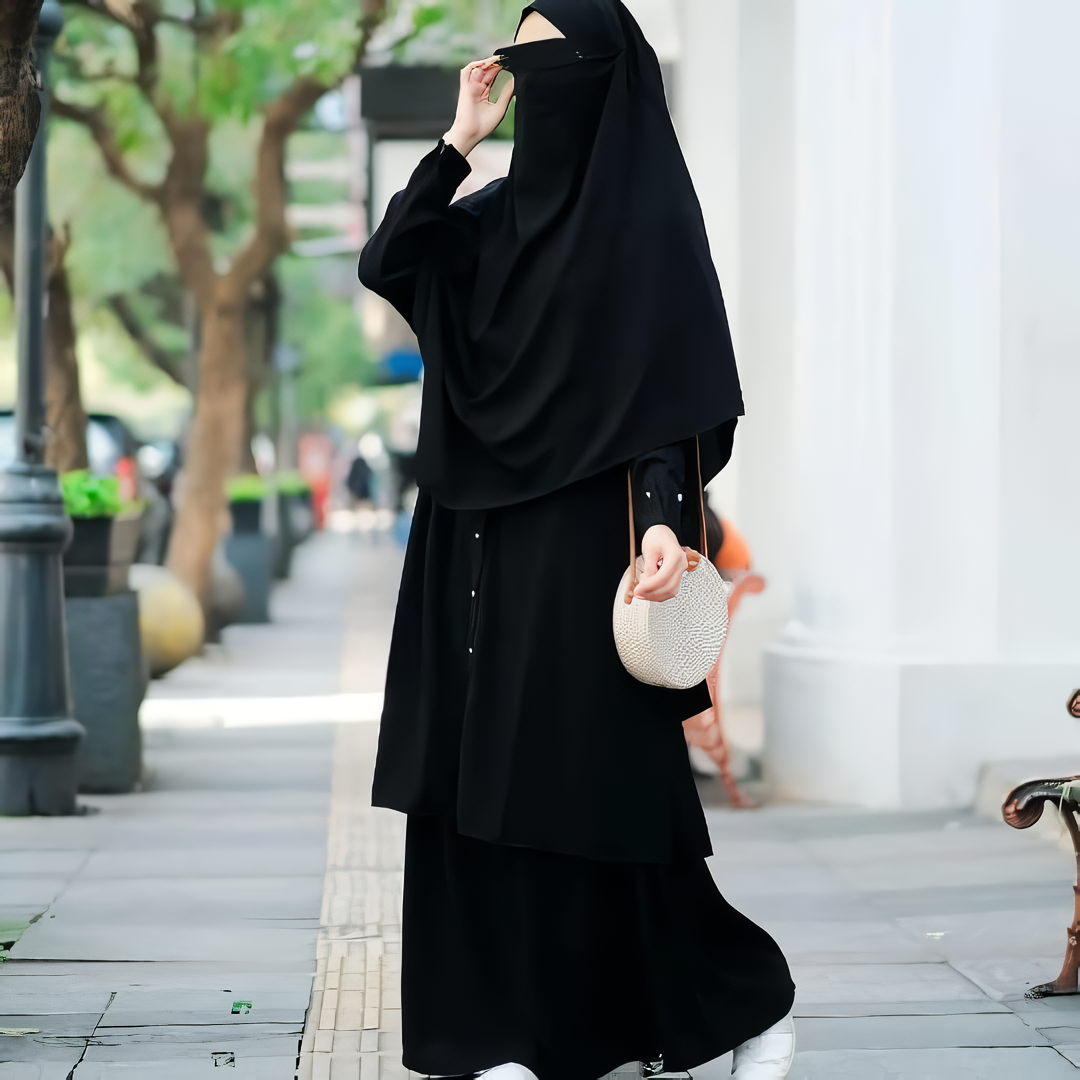 Alesyari Shop I Full Black Sahla Tunic & Fortaleza Abaya with French Khimar I Eid Adha Series