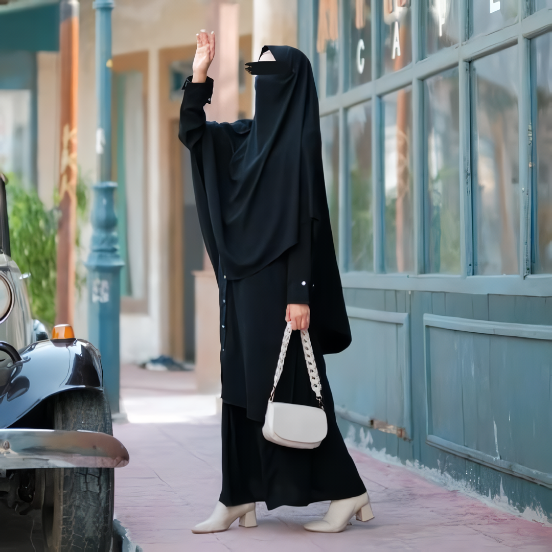 Alesyari Shop I Full Black Sahla Tunic & Fortaleza Abaya with French Khimar I Eid Adha Series