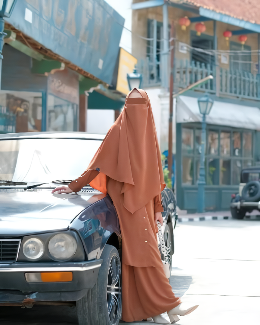 Alesyari Shop I Ginger Bread Sahla Tunic & Fortaleza Abaya with French Khimar I Eid Adha Series