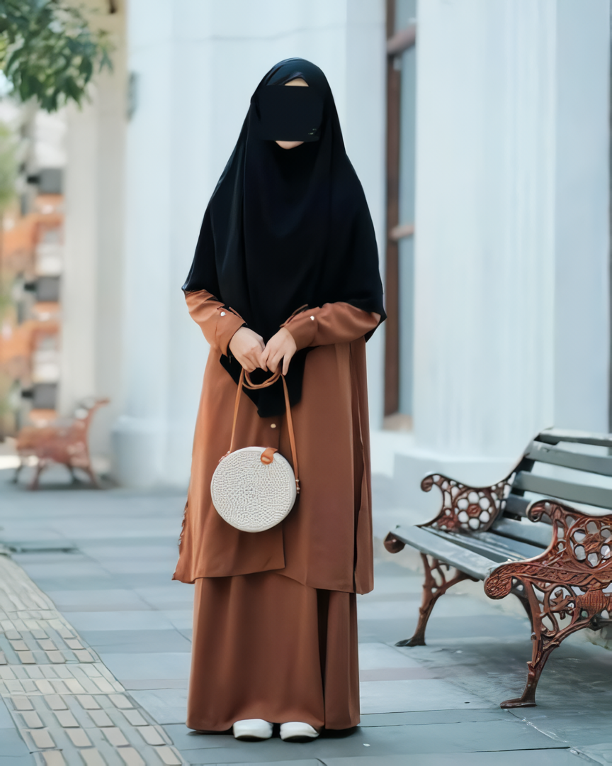 Alesyari Shop I Ginger Bread Sahla Tunic & Fortaleza Abaya with French Khimar I Eid Adha Series