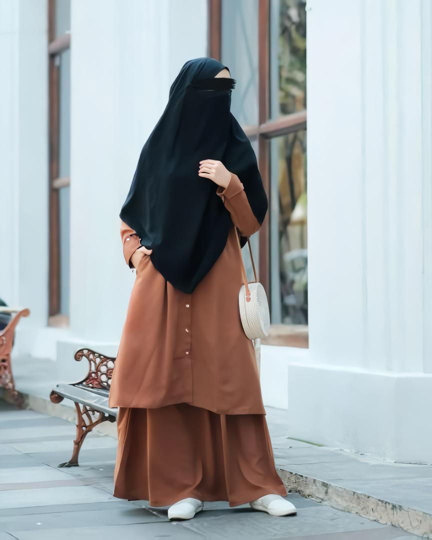 Alesyari Shop I Ginger Bread Sahla Tunic & Fortaleza Abaya with French Khimar I Eid Adha Series