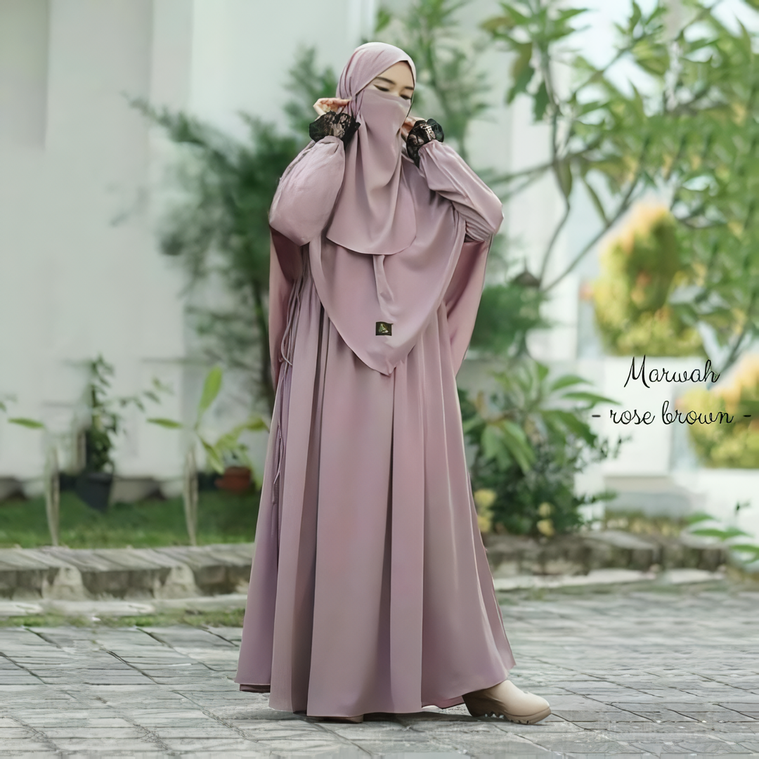 Alesyari Shop I Marwah Premium Woolpeach: Simple yet Elegant Muslimah Dress Set with Bergo Hijab, Abaya, and Niqab, Instant Khimar for Muslimah Fashion