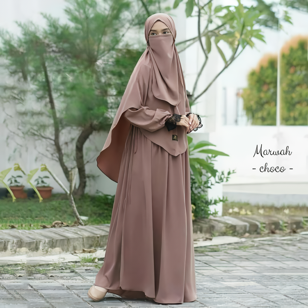 Alesyari Shop I Marwah Premium Woolpeach: Simple yet Elegant Muslimah Dress Set with Bergo Hijab, Abaya, and Niqab, Instant Khimar for Muslimah Fashion