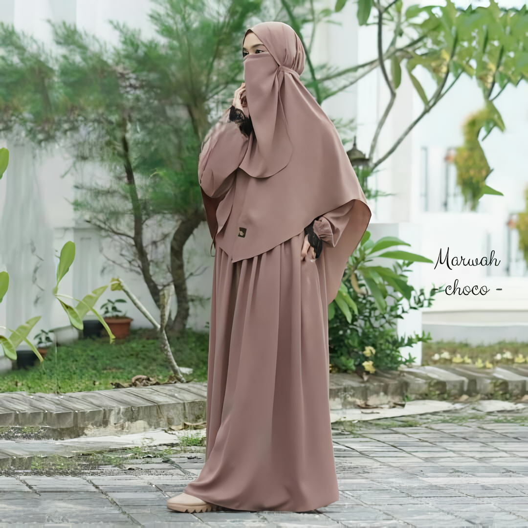 Alesyari Shop I Marwah Premium Woolpeach: Simple yet Elegant Muslimah Dress Set with Bergo Hijab, Abaya, and Niqab, Instant Khimar for Muslimah Fashion